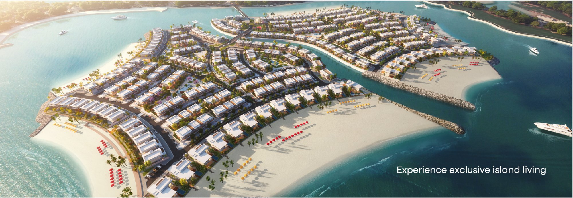 Falcon Island aerial render — the exclusive island residential community within Al Hamra Village, RAK. Beachfront villas, private lagoon access, limited residences.