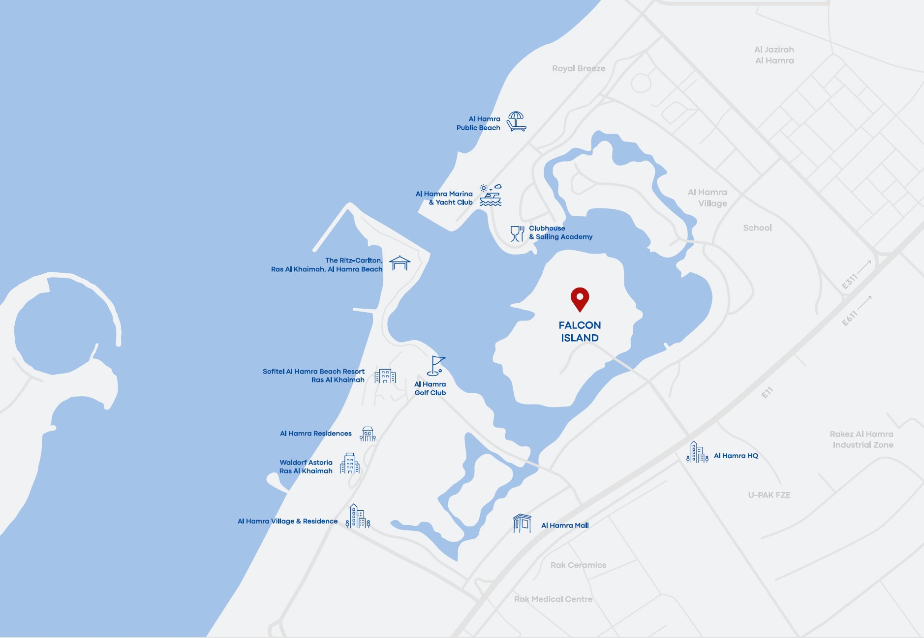 Falcon Island location map — showing proximity to Al Hamra Golf Club, Ritz-Carlton, Sofitel, Waldorf Astoria and Al Hamra Marina