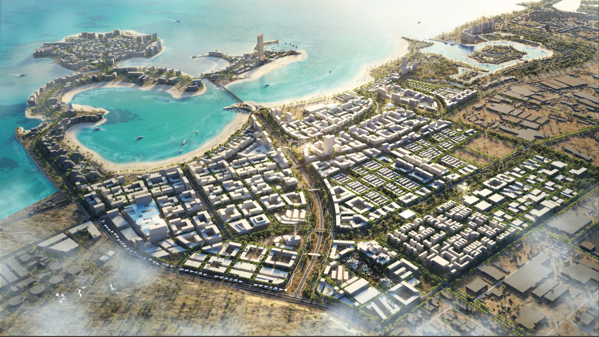 Marjan Beach District aerial masterplan render — the emerging RAK mainland coastline development between Al Marjan Island and Al Hamra Village