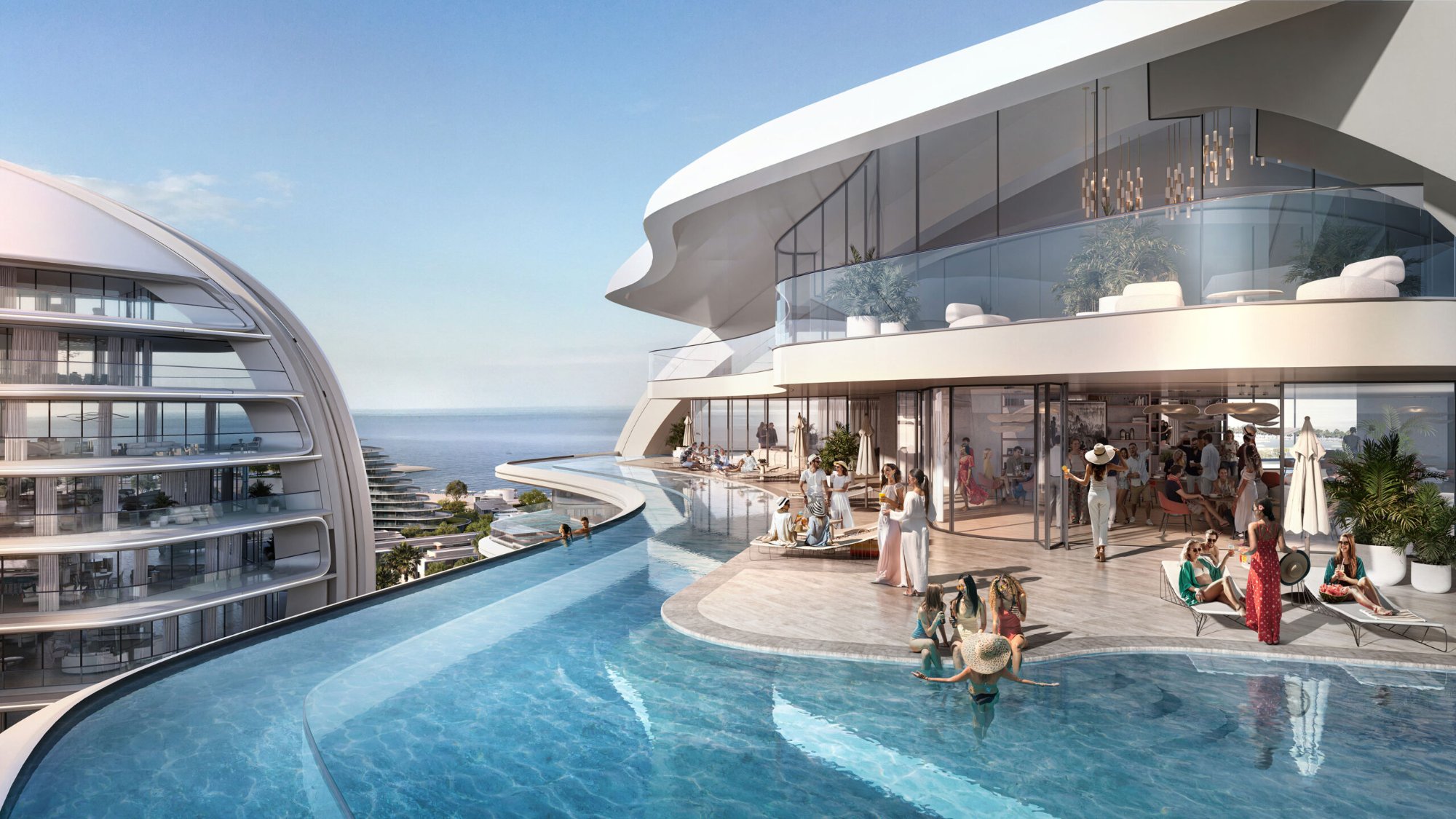 Oystra rooftop pool terrace — social infinity pool with bar, lounge and panoramic sea views