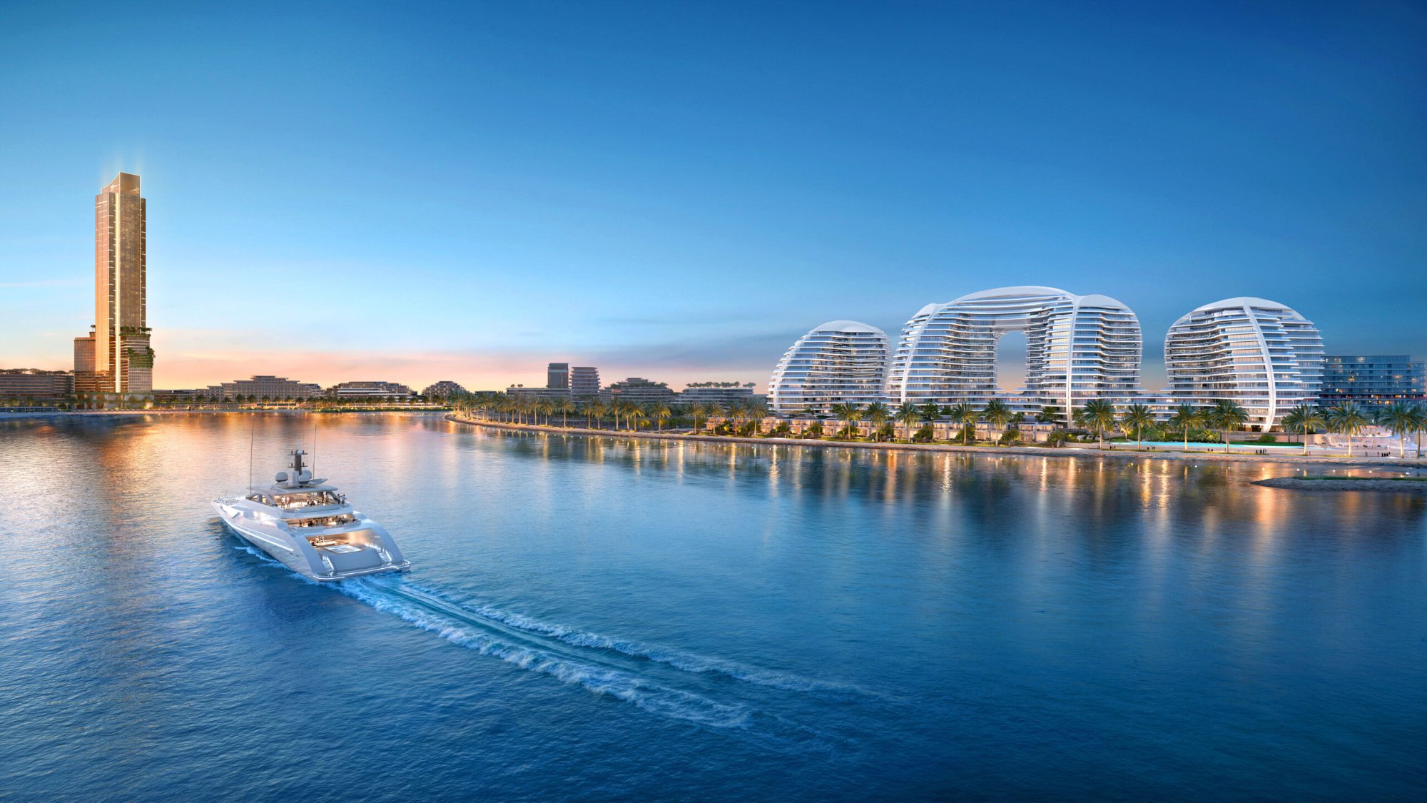 Oystra by Richmind & Zaha Hadid Architects — three sculptural towers on Al Marjan Island waterfront at dusk, Wynn Al Marjan Island tower visible on the horizon